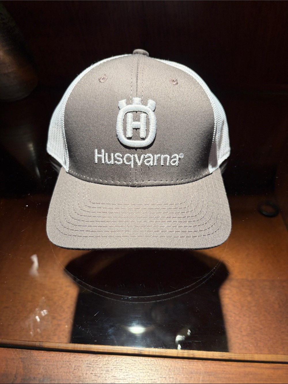 Husqvarna embroidered Men's Gray and White Mesh Trucker Cap